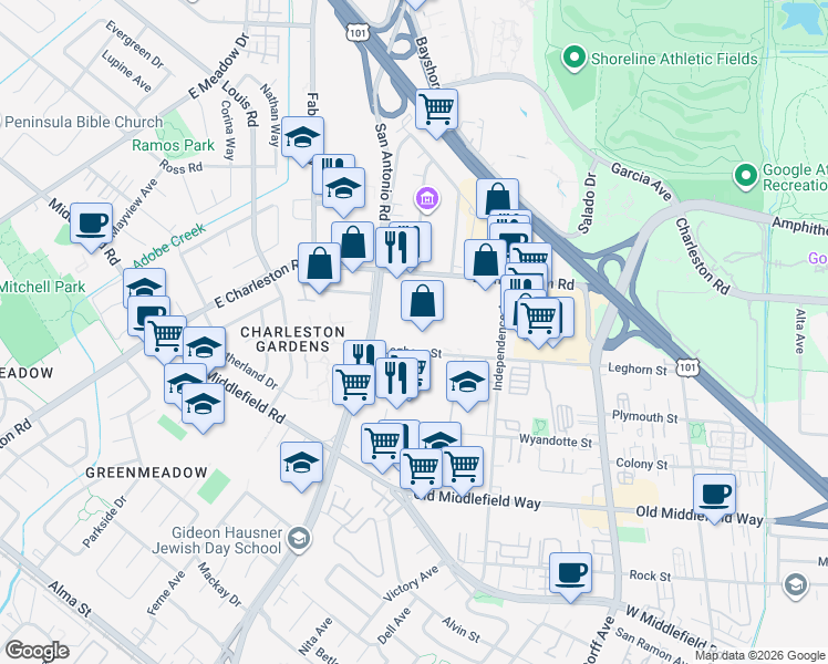 map of restaurants, bars, coffee shops, grocery stores, and more near 2570 Leghorn Street in Mountain View