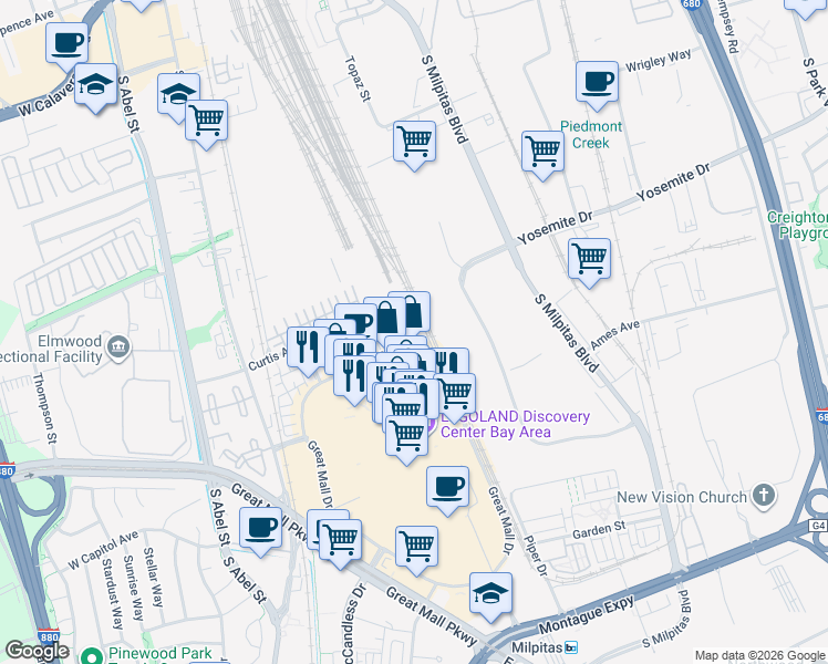 map of restaurants, bars, coffee shops, grocery stores, and more near 330 Curtis Avenue in Milpitas
