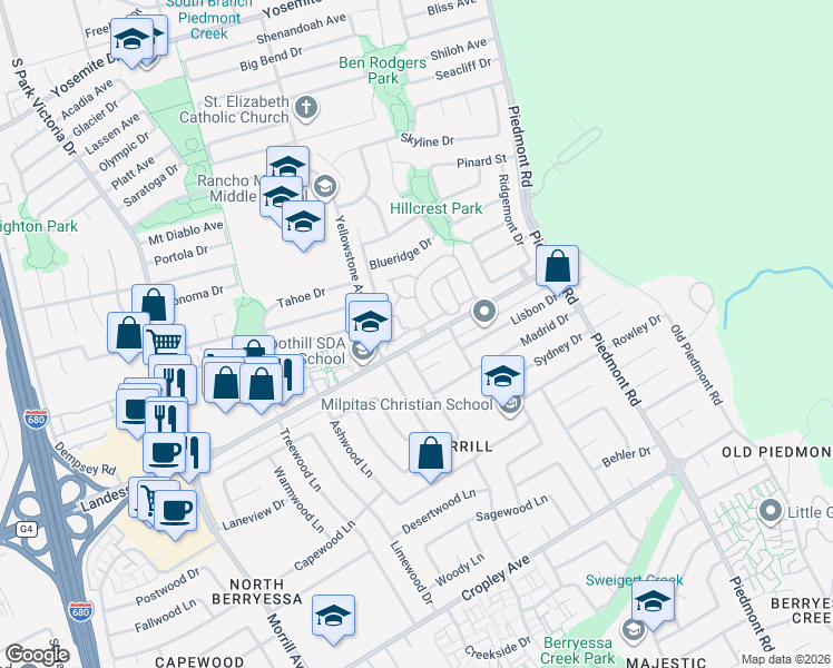 map of restaurants, bars, coffee shops, grocery stores, and more near 2121 Calle Mesa Alta in Milpitas