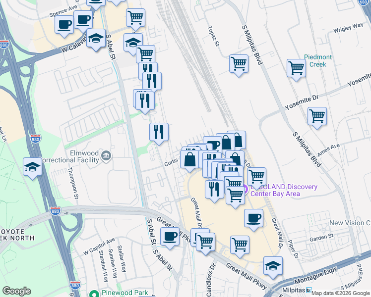 map of restaurants, bars, coffee shops, grocery stores, and more near 100 Parc Place Drive in Milpitas