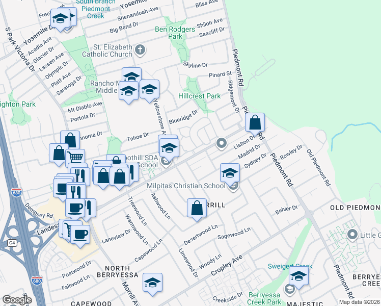 map of restaurants, bars, coffee shops, grocery stores, and more near 2121 Calle Mesa Alta in Milpitas
