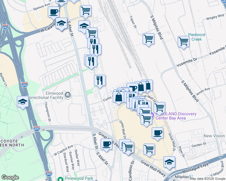 map of restaurants, bars, coffee shops, grocery stores, and more near 89 Parc Place Drive in Milpitas