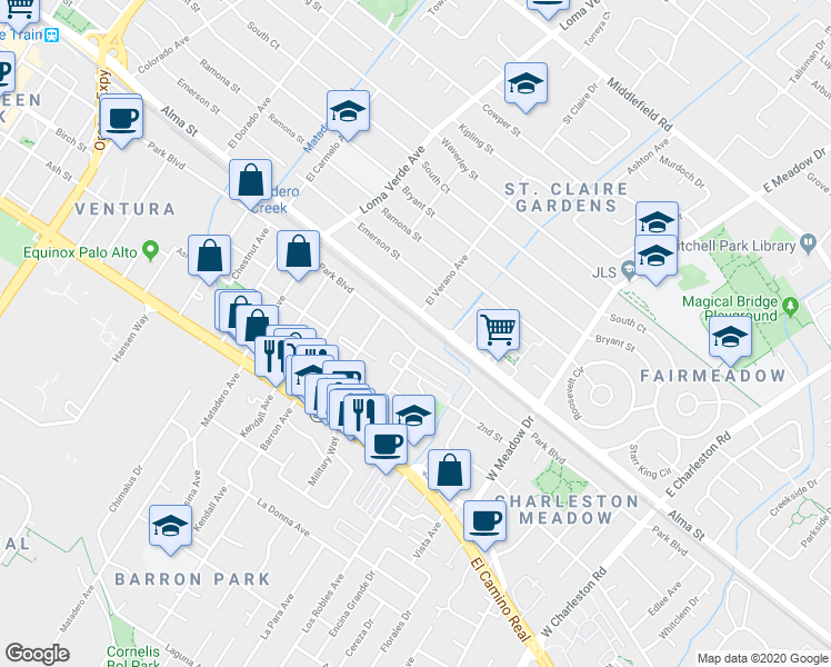 map of restaurants, bars, coffee shops, grocery stores, and more near 3833 Park Boulevard in Palo Alto