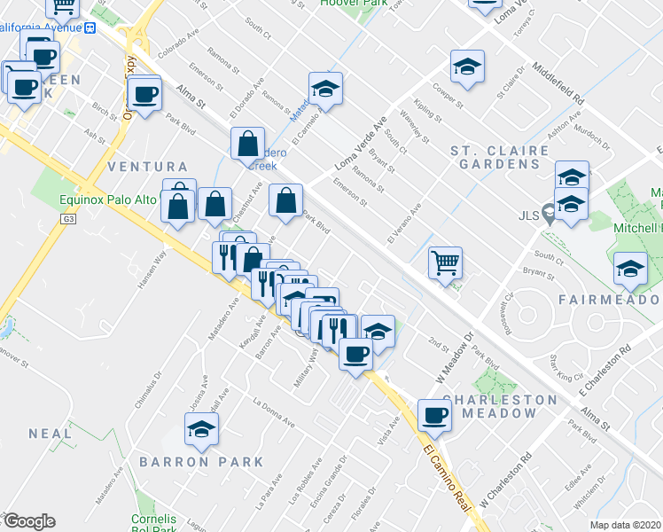 map of restaurants, bars, coffee shops, grocery stores, and more near 220 Curtner Avenue in Palo Alto