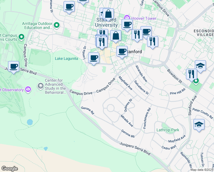 map of restaurants, bars, coffee shops, grocery stores, and more near in Palo Alto