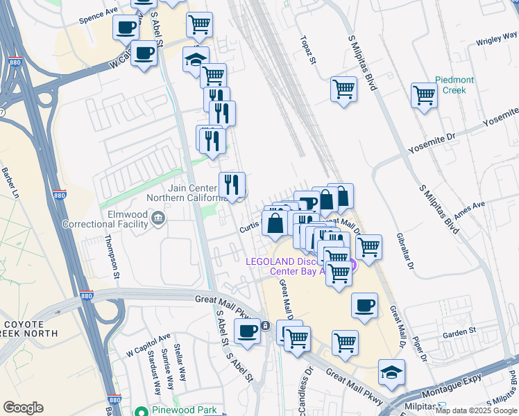 map of restaurants, bars, coffee shops, grocery stores, and more near 35 Parc Place Drive in Milpitas