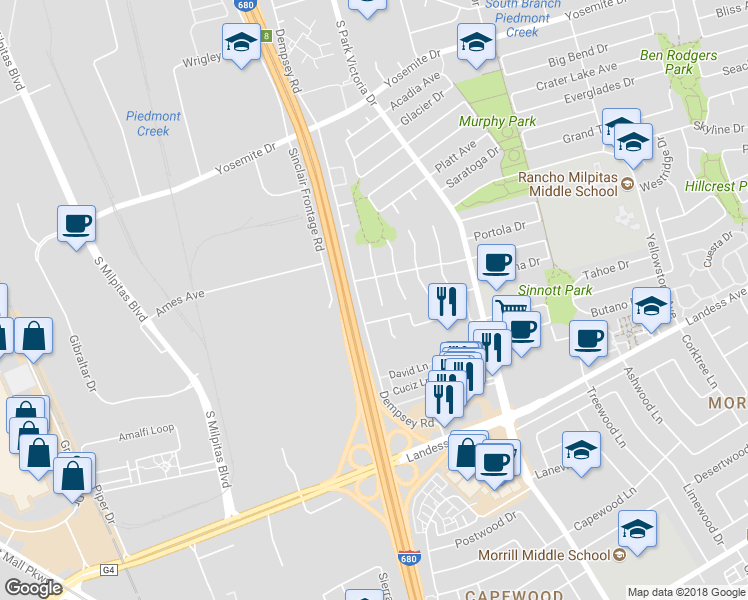 map of restaurants, bars, coffee shops, grocery stores, and more near 1039 Big Bear Court in Milpitas
