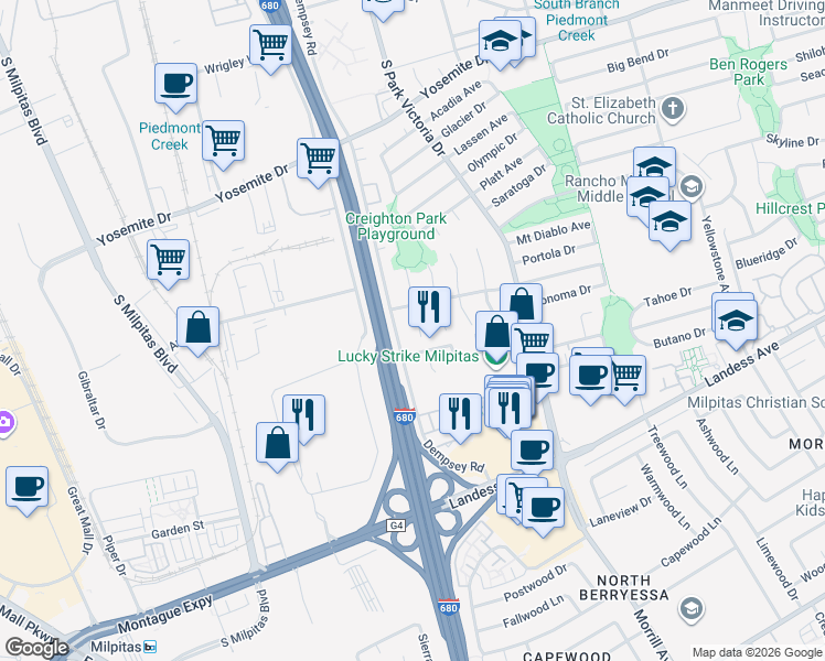 map of restaurants, bars, coffee shops, grocery stores, and more near 1039 Big Bear Court in Milpitas