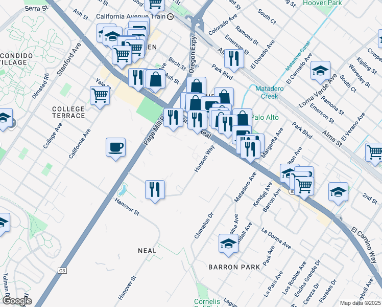 map of restaurants, bars, coffee shops, grocery stores, and more near 620 Hansen Way in Palo Alto