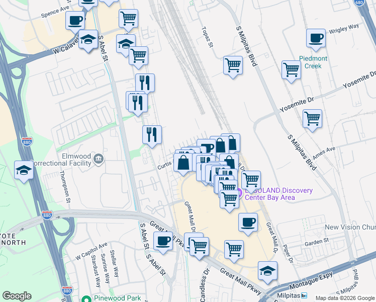 map of restaurants, bars, coffee shops, grocery stores, and more near 183 Parc Place Drive in Milpitas