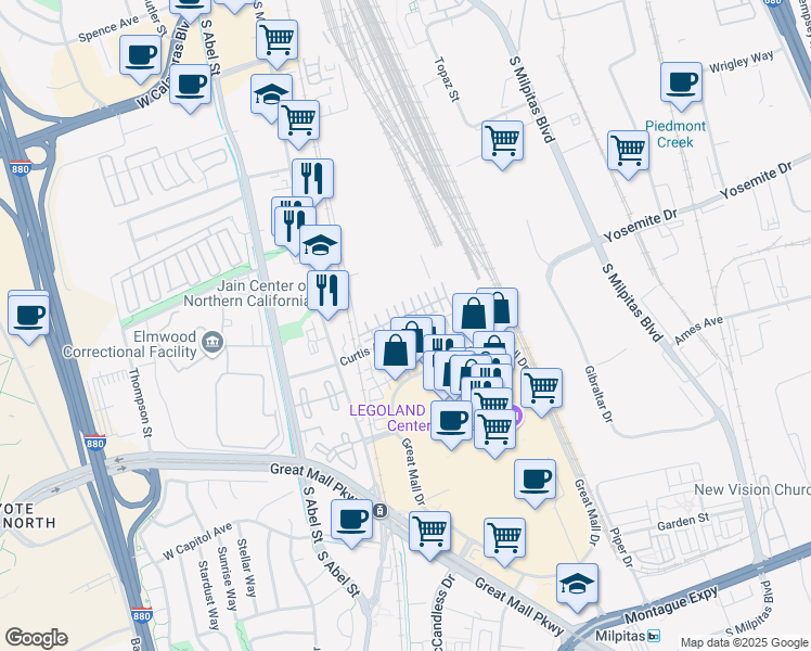 map of restaurants, bars, coffee shops, grocery stores, and more near 789 Parc Lane in Milpitas