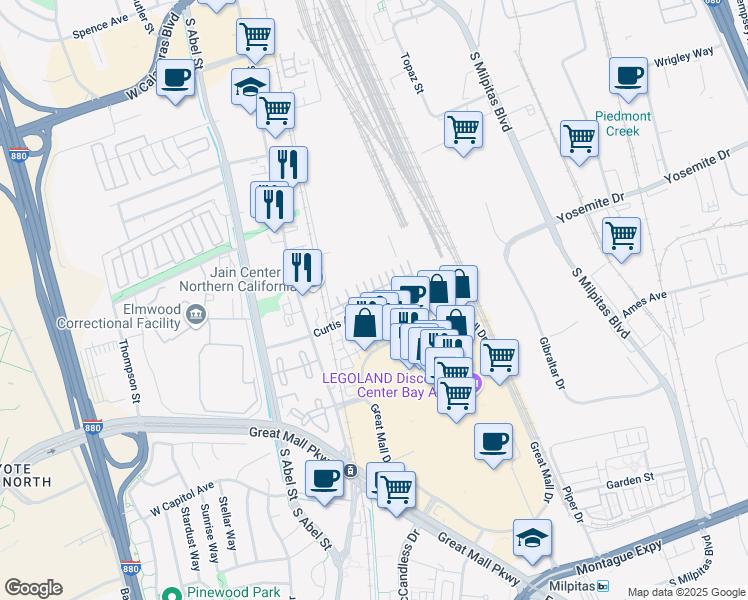 map of restaurants, bars, coffee shops, grocery stores, and more near 789 Parc Lane in Milpitas