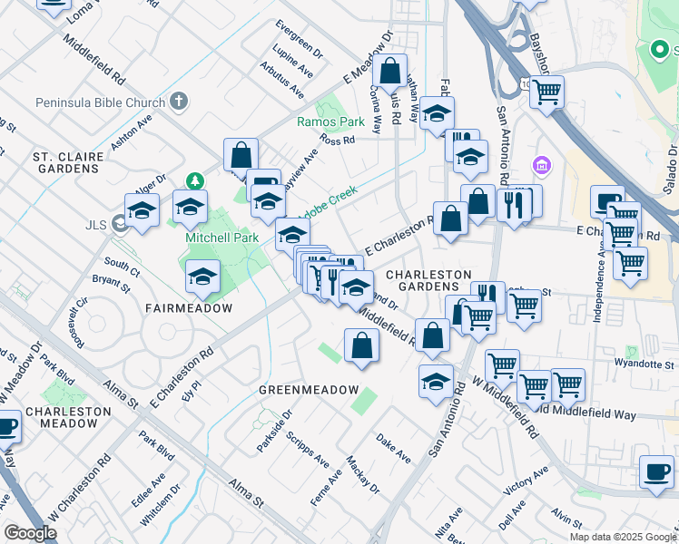 map of restaurants, bars, coffee shops, grocery stores, and more near 3901 Middlefield Road in Palo Alto