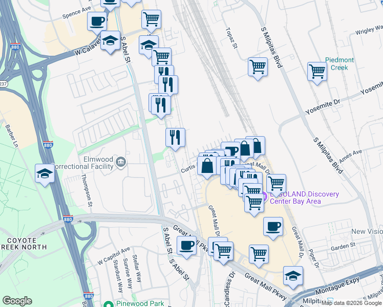 map of restaurants, bars, coffee shops, grocery stores, and more near 89 Parc Place Drive in Milpitas