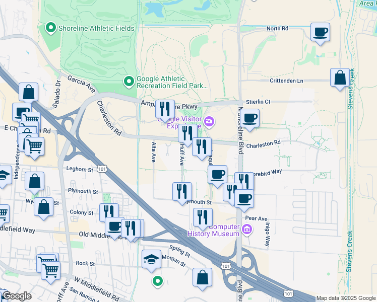 map of restaurants, bars, coffee shops, grocery stores, and more near 1585 Charleston Road in Mountain View