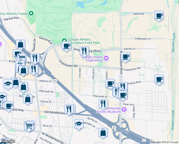map of restaurants, bars, coffee shops, grocery stores, and more near 1585 Charleston Road in Mountain View