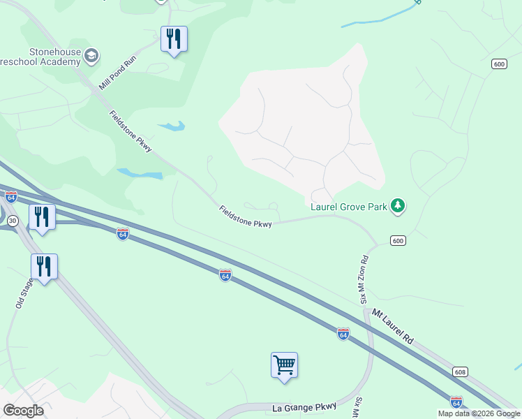 map of restaurants, bars, coffee shops, grocery stores, and more near Ashwood Court in Toano