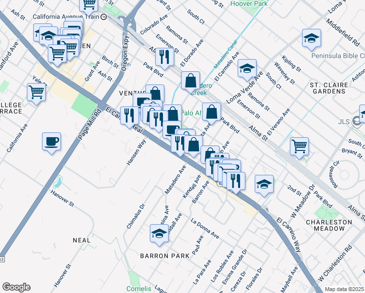 map of restaurants, bars, coffee shops, grocery stores, and more near 467 Fernando Avenue in Palo Alto