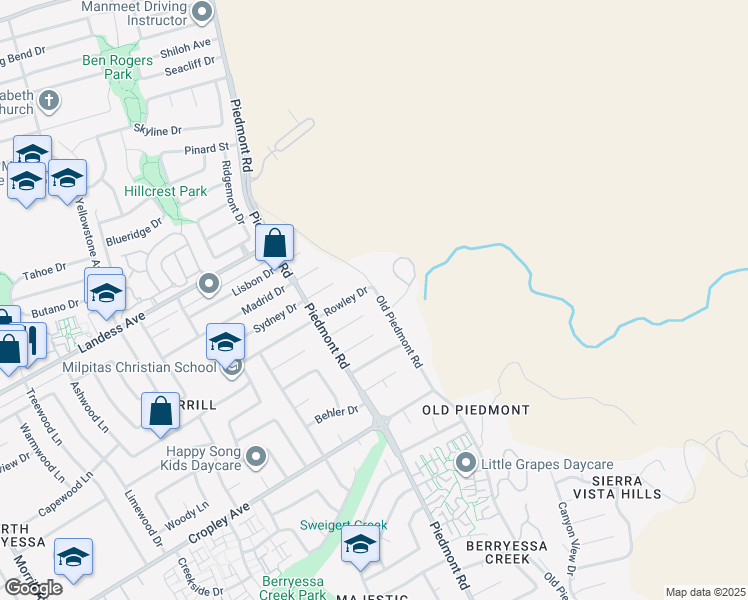 map of restaurants, bars, coffee shops, grocery stores, and more near 3692 Rowley Drive in San Jose