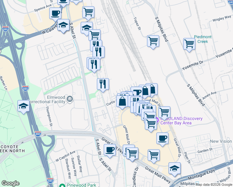 map of restaurants, bars, coffee shops, grocery stores, and more near 89 Parc Place Drive in Milpitas