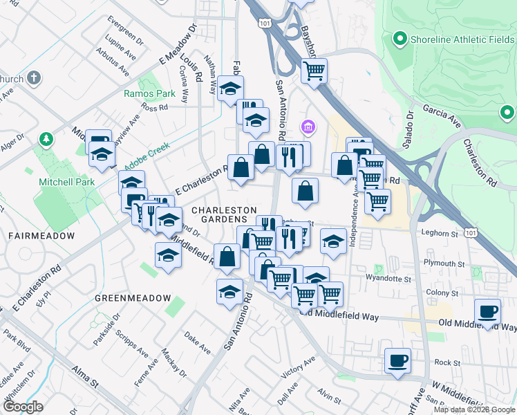 map of restaurants, bars, coffee shops, grocery stores, and more near 4080 Fabian Way in Palo Alto