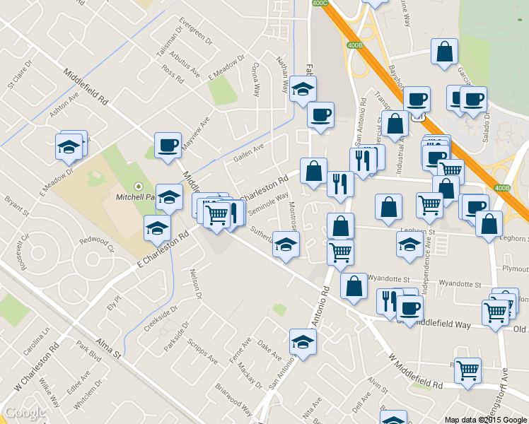 map of restaurants, bars, coffee shops, grocery stores, and more near 721 Seminole Way in Palo Alto