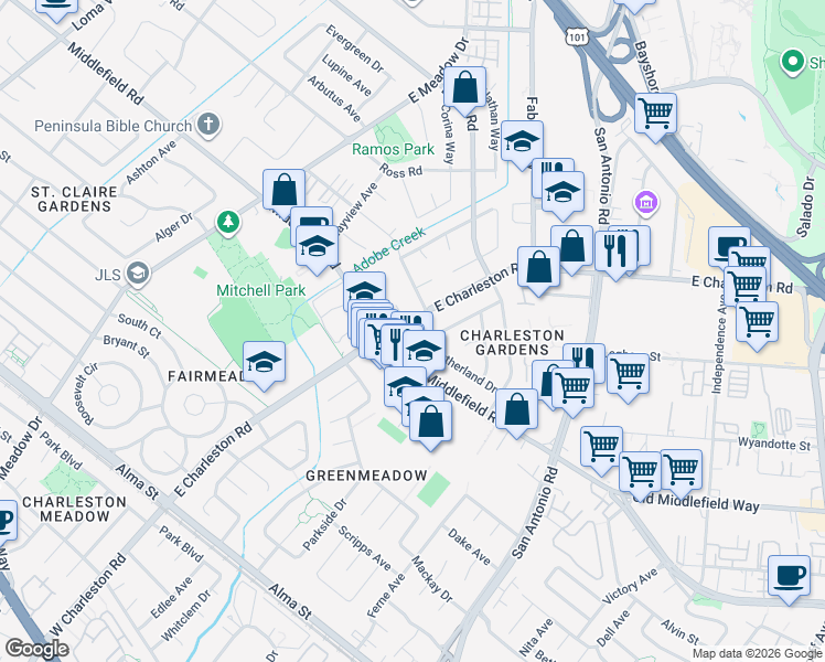 map of restaurants, bars, coffee shops, grocery stores, and more near 721 Charleston Court in Palo Alto