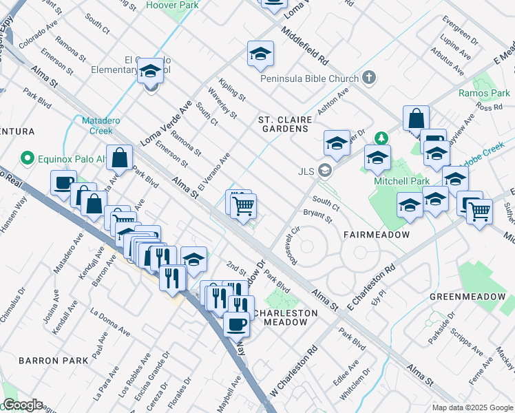 map of restaurants, bars, coffee shops, grocery stores, and more near 3374 Ramona Street in Palo Alto