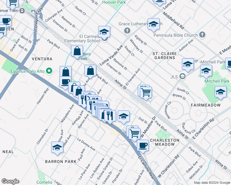map of restaurants, bars, coffee shops, grocery stores, and more near 3833 Park Boulevard in Palo Alto