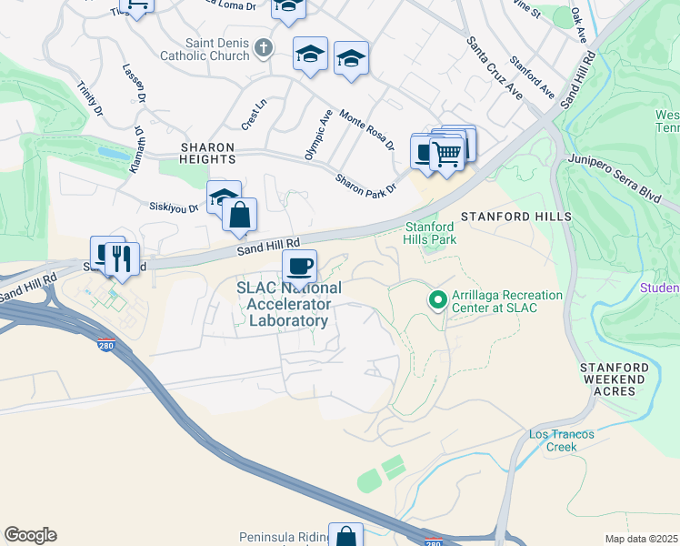 map of restaurants, bars, coffee shops, grocery stores, and more near 2575 Sand Hill Road in Menlo Park