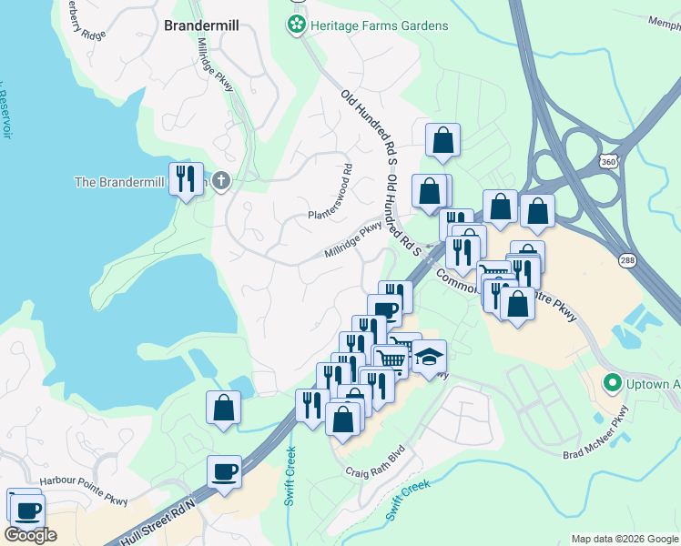 map of restaurants, bars, coffee shops, grocery stores, and more near 13208 Court Ridge Road in Midlothian