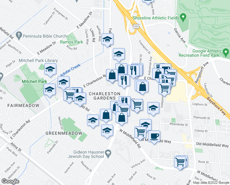 map of restaurants, bars, coffee shops, grocery stores, and more near 4080 Fabian Way in Palo Alto