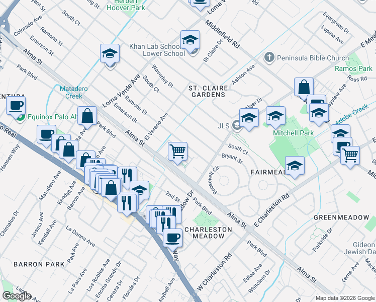 map of restaurants, bars, coffee shops, grocery stores, and more near 3374 Ramona Street in Palo Alto