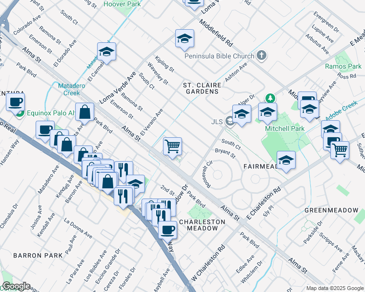 map of restaurants, bars, coffee shops, grocery stores, and more near 3440 Ramona Street in Palo Alto