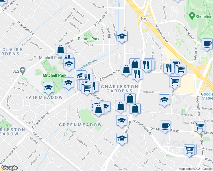 map of restaurants, bars, coffee shops, grocery stores, and more near 721 Seminole Way in Palo Alto
