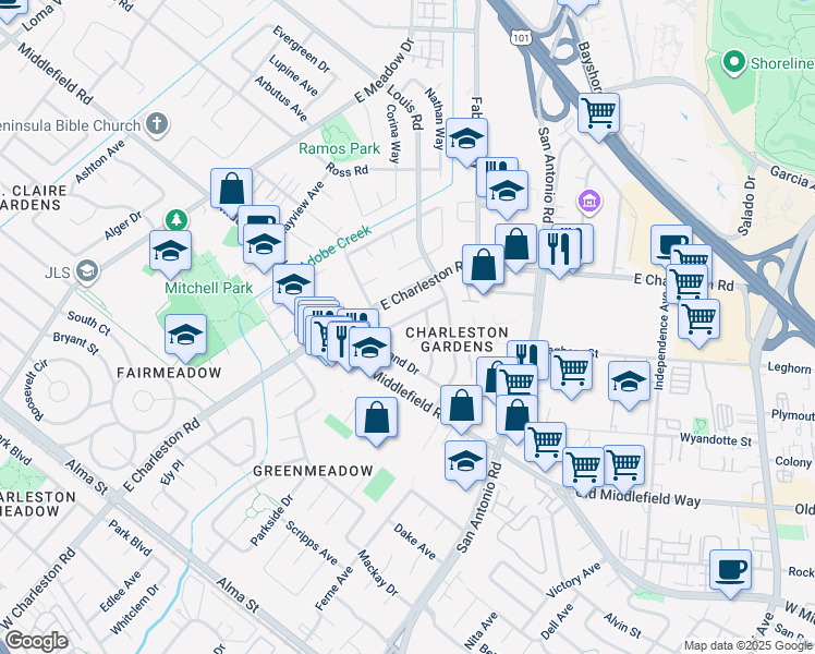 map of restaurants, bars, coffee shops, grocery stores, and more near 728 Seminole Way in Palo Alto