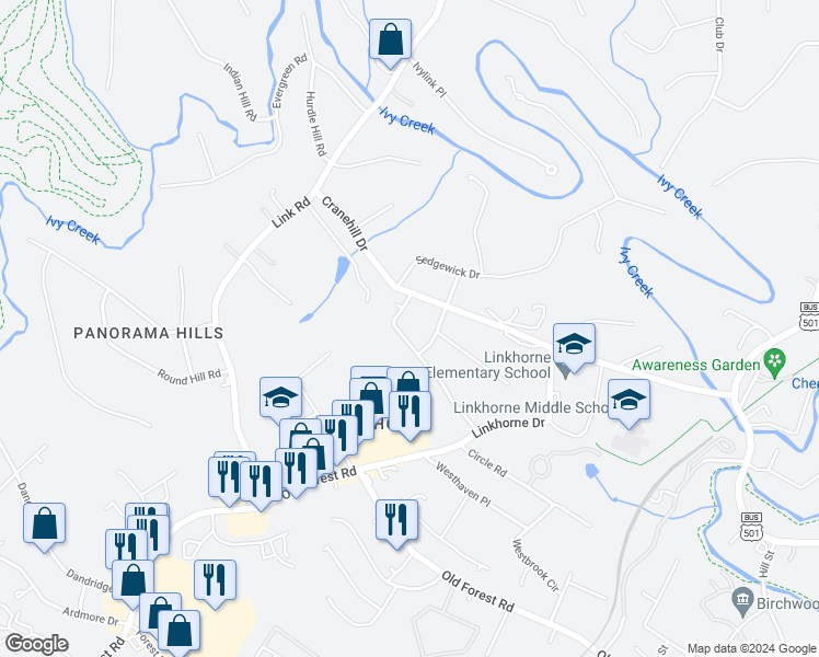 map of restaurants, bars, coffee shops, grocery stores, and more near 3008 Ravenwood Drive in Lynchburg