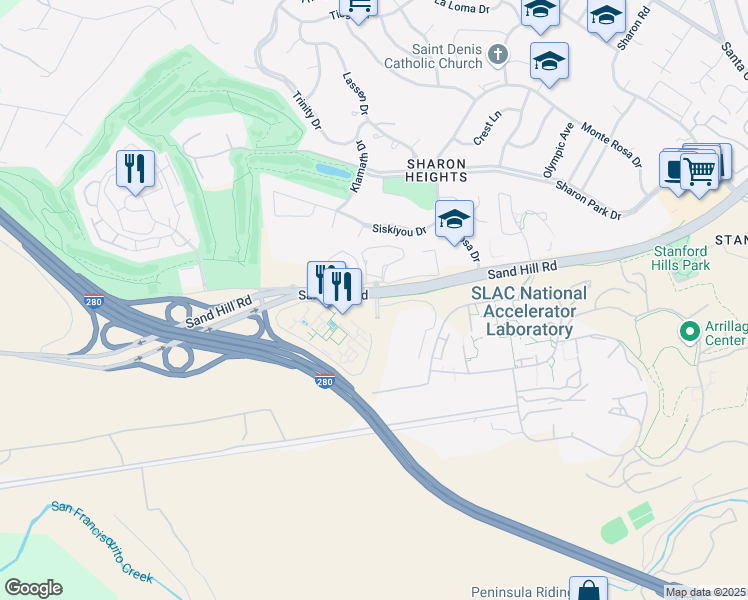 map of restaurants, bars, coffee shops, grocery stores, and more near 2825 Sand Hill Road in Menlo Park