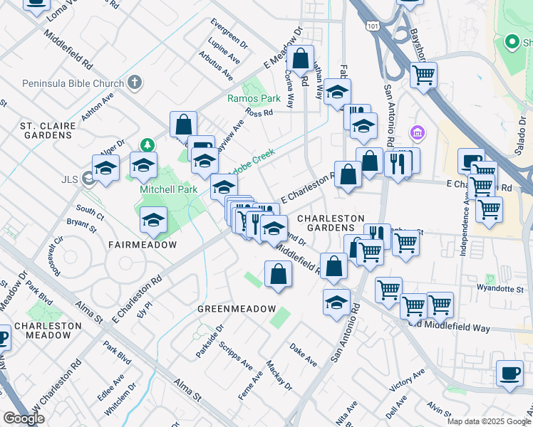 map of restaurants, bars, coffee shops, grocery stores, and more near 721 Charleston Court in Palo Alto