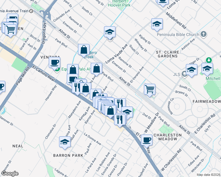 map of restaurants, bars, coffee shops, grocery stores, and more near 250 Curtner Avenue in Palo Alto