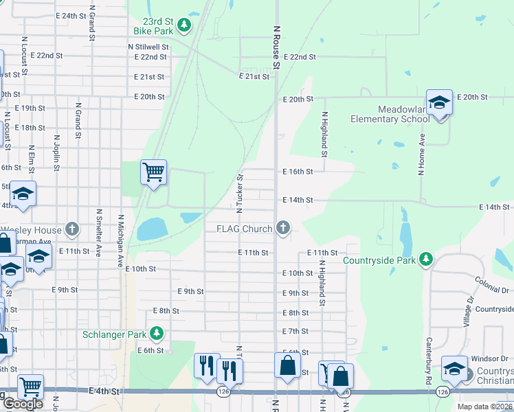 map of restaurants, bars, coffee shops, grocery stores, and more near 1017 East 14th Street in Pittsburg