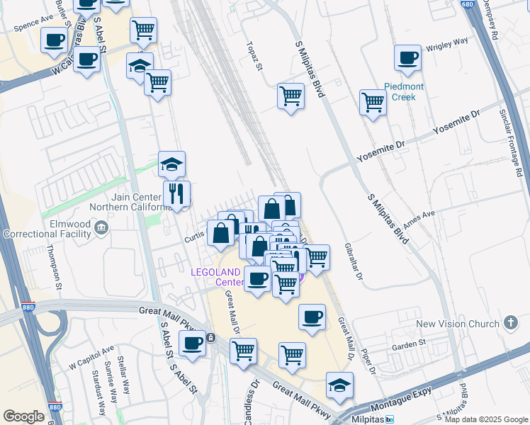 map of restaurants, bars, coffee shops, grocery stores, and more near 828 Towne Drive in Milpitas