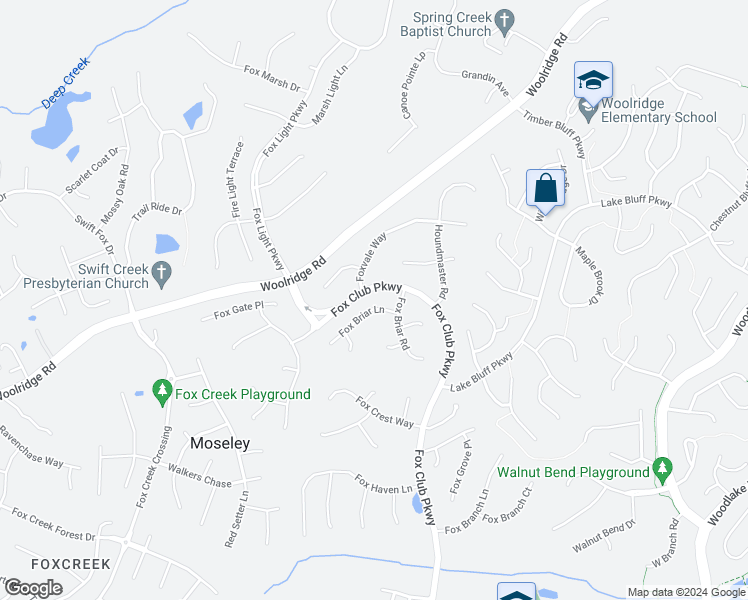 map of restaurants, bars, coffee shops, grocery stores, and more near 15304 Fox Briar Lane in Midlothian