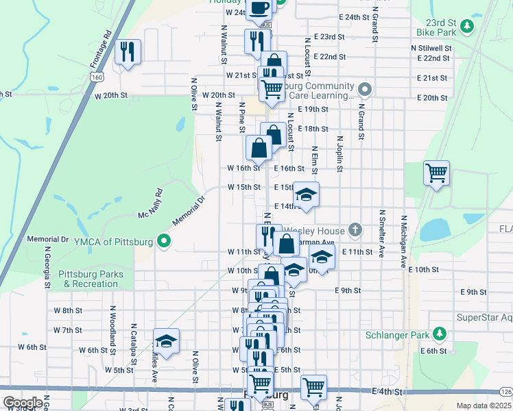 map of restaurants, bars, coffee shops, grocery stores, and more near 198 West 14th Street in Pittsburg