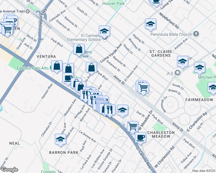 map of restaurants, bars, coffee shops, grocery stores, and more near 242 Curtner Avenue in Palo Alto