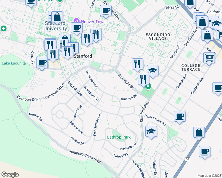 map of restaurants, bars, coffee shops, grocery stores, and more near 813 San Francisco Terrace in Stanford