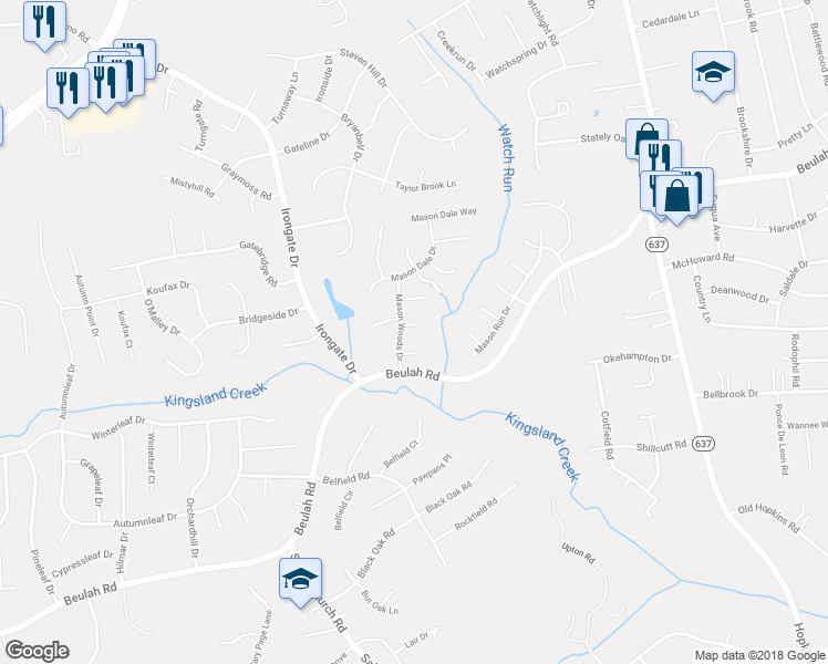 map of restaurants, bars, coffee shops, grocery stores, and more near 4705 Mason Way Court in Richmond