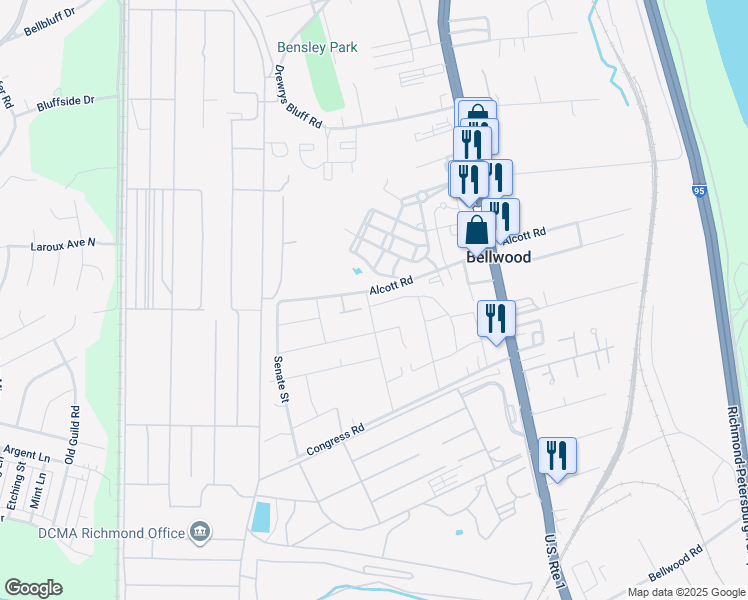 map of restaurants, bars, coffee shops, grocery stores, and more near 2835 Alcott Road in Richmond
