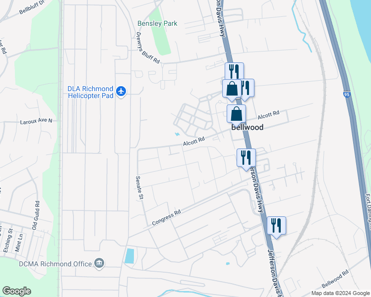 map of restaurants, bars, coffee shops, grocery stores, and more near 2835 Alcott Road in Richmond
