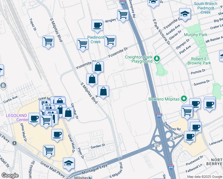 map of restaurants, bars, coffee shops, grocery stores, and more near 901 Ames Avenue in Milpitas